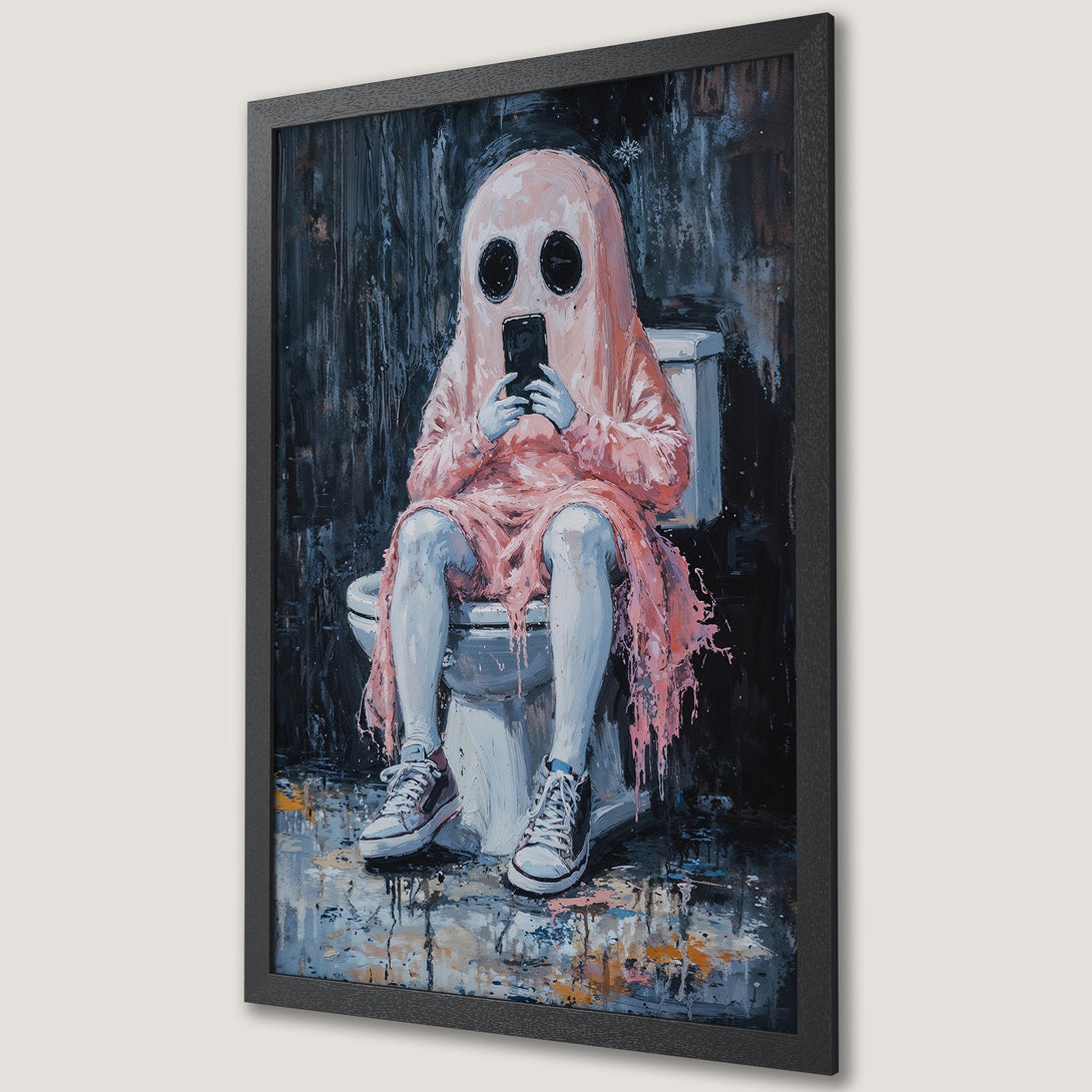 Framed Poster: Modern art print of a ghost on the toilet, using a phone. Dark, moody palette with pink and blue accents. Get yours today!