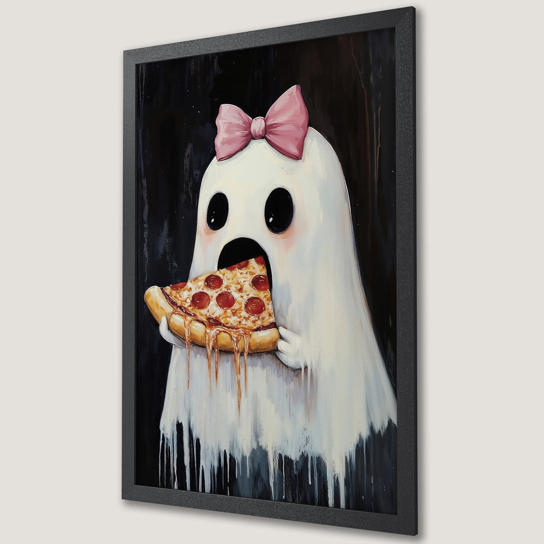 Framed Poster featuring a cute ghost eating pizza, whimsical art style, black, white, pink, and orange color palette. Perfect wall art!