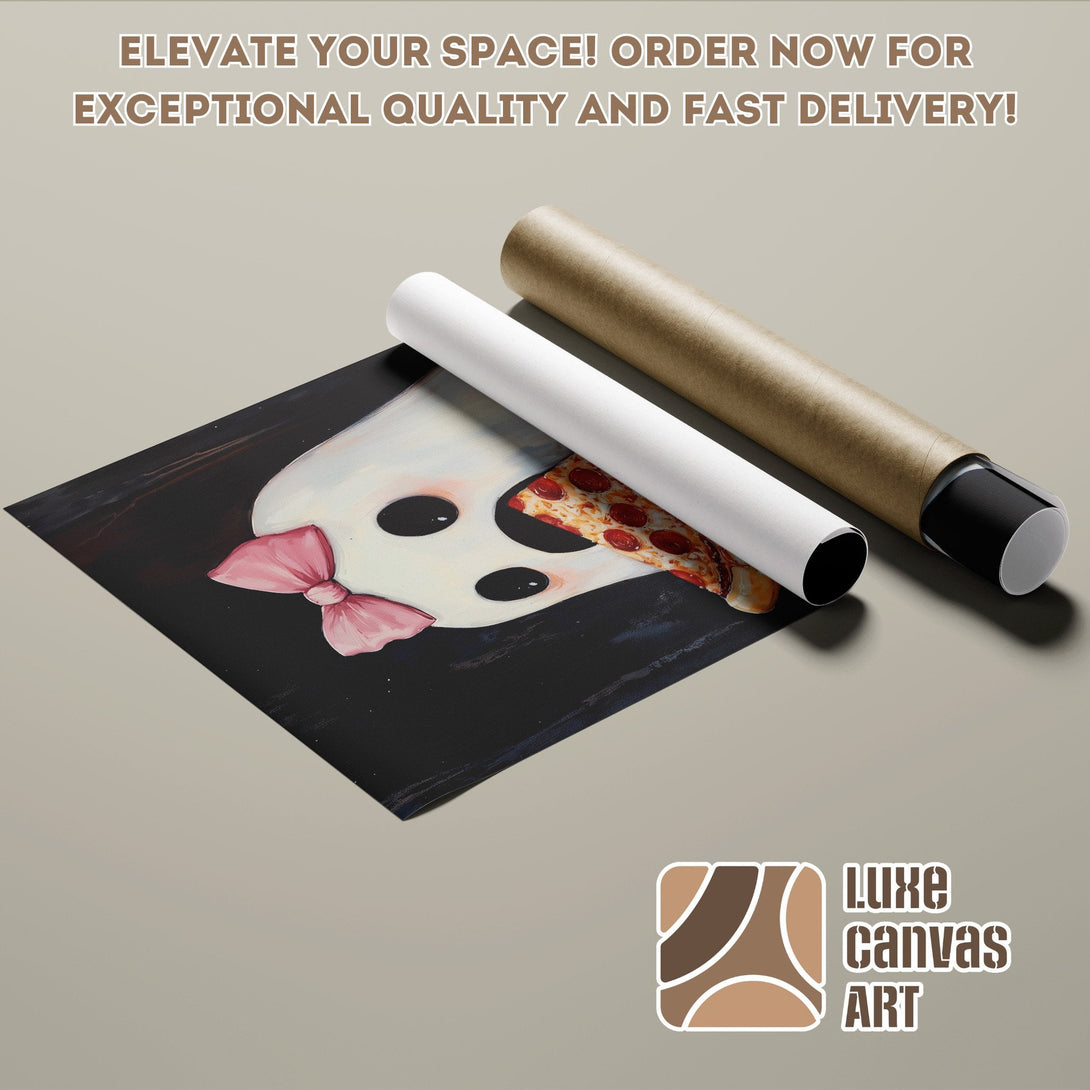 Poster Roll featuring a whimsical ghost with a pink bow, black background, and pizza slice, in a neutral color palette.
