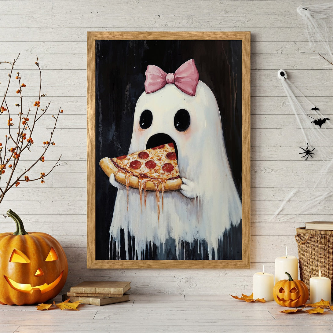Framed Poster featuring a cute ghost eating pizza, perfect Halloween decor. Whimsical art in a black, white, pink, and orange palette.