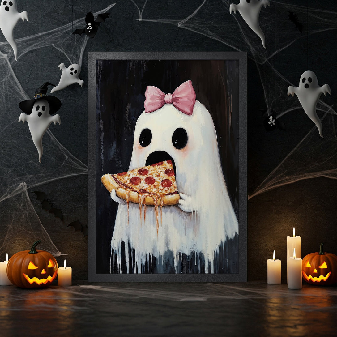 Framed Poster featuring a cute ghost eating pizza, Halloween art in black, white, and pink. Perfect spooky decor!