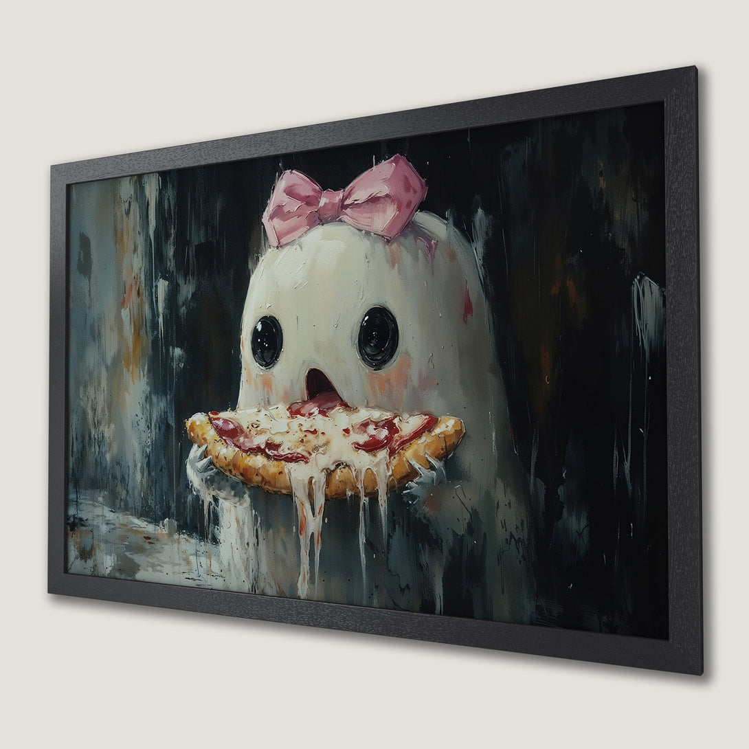 Framed Poster featuring a cute ghost eating pizza, painted in a modern, expressive style with a dark, muted color palette. Get yours today!