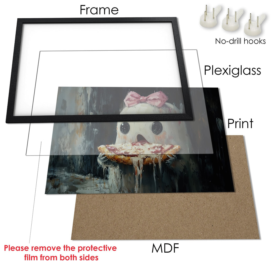Framed Poster featuring a whimsical creature with pizza, in a modern, painterly style. Soft pink and muted gray color palette.
