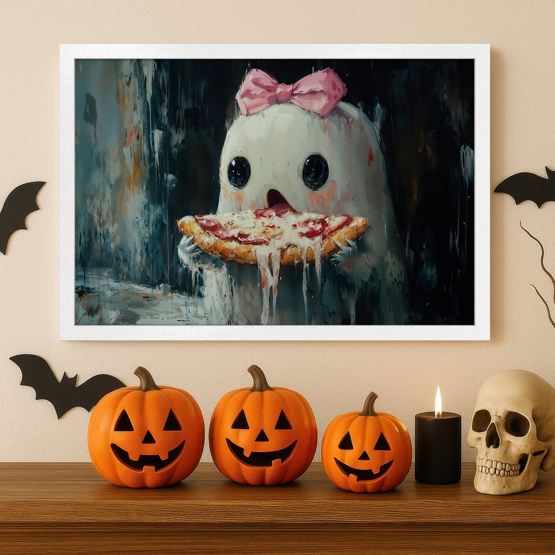 Framed Poster: Cute ghost eating pizza art print. Whimsical style, dark blue & orange palette, perfect Halloween decor. Get yours today!