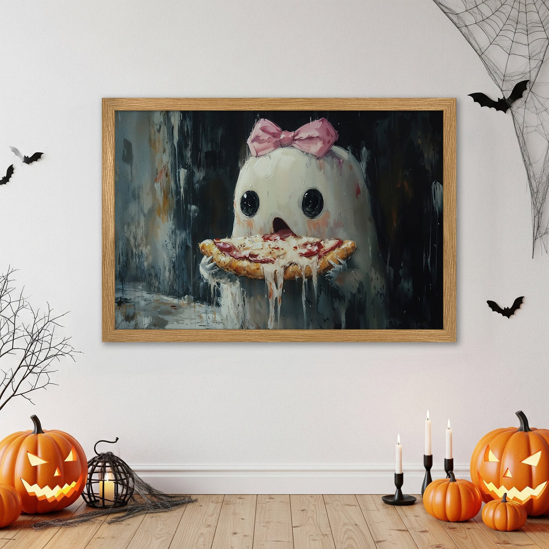 Framed Poster featuring a cute ghost eating pizza, with a dark, painterly style and a spooky color palette. Perfect Halloween decor!