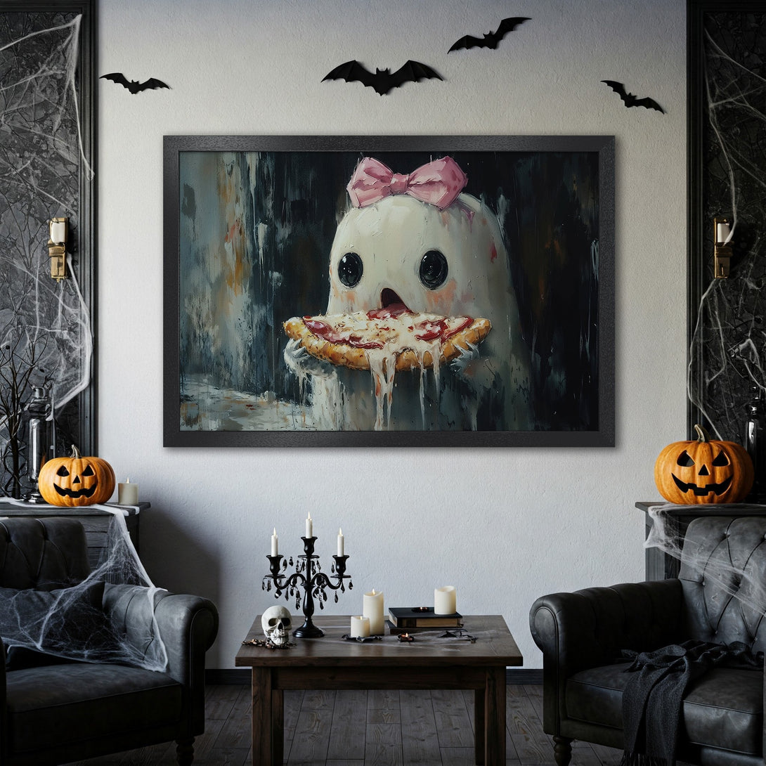 Framed Poster featuring a cute ghost eating pizza, in a dark, painterly style. Halloween decor with a spooky color palette.