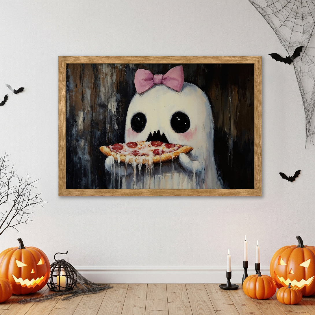 Framed Poster of a cute ghost eating pizza. Whimsical art with a Halloween theme in a warm, inviting color palette. Perfect wall decor!