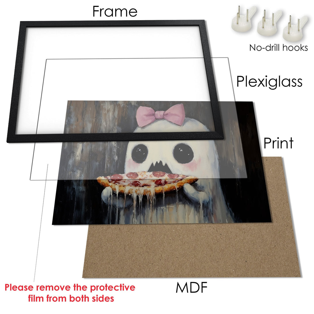 Framed Poster featuring a cute ghost with pizza, artistic style, and a muted color palette. Perfect wall art!