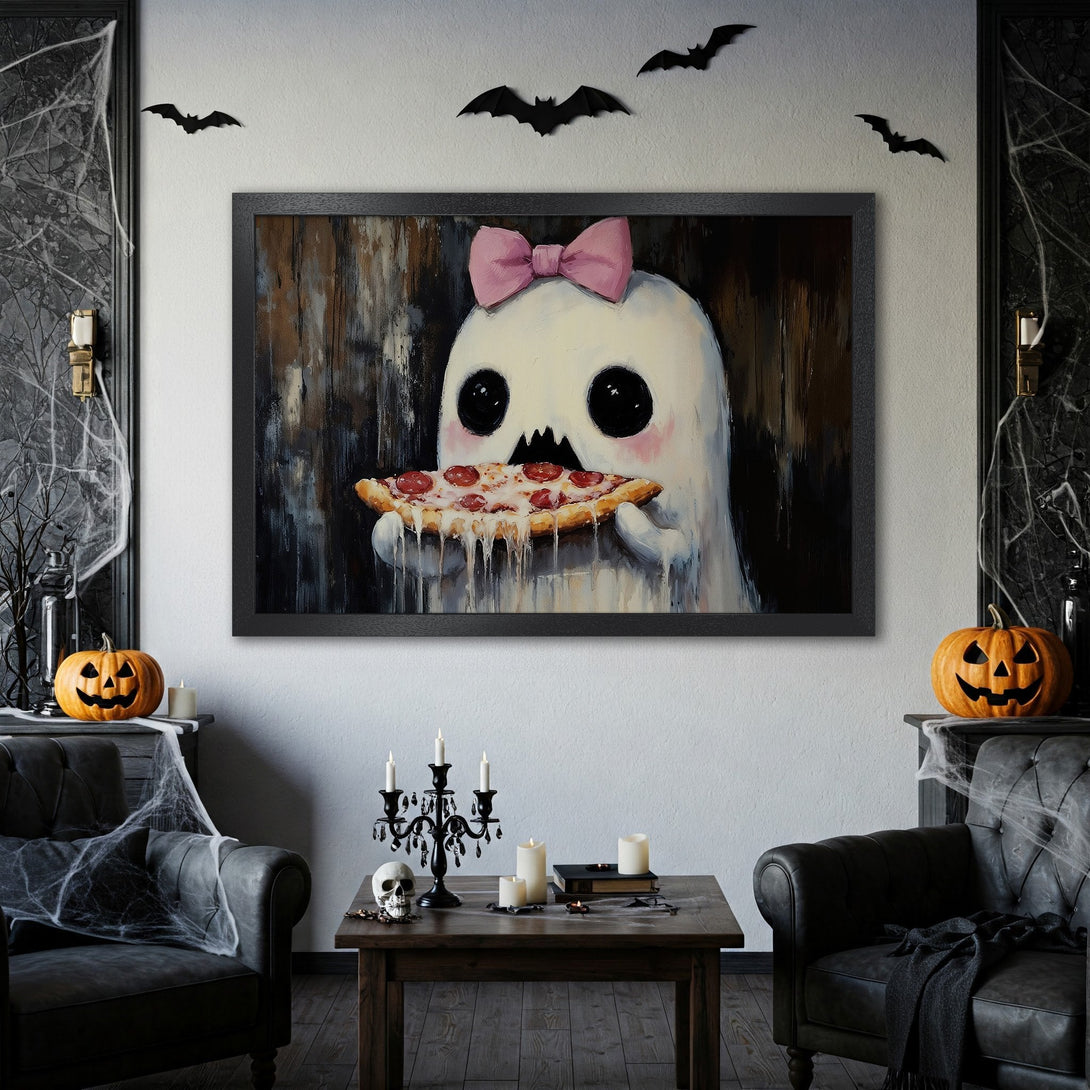 Framed Poster featuring a cute ghost eating pizza, in a whimsical style with a black, white, and pink color palette. Perfect Halloween decor!