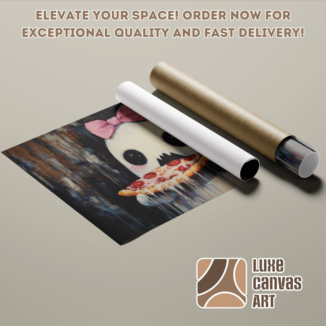 Poster Roll featuring a whimsical skull with pizza, dark palette. Order now!