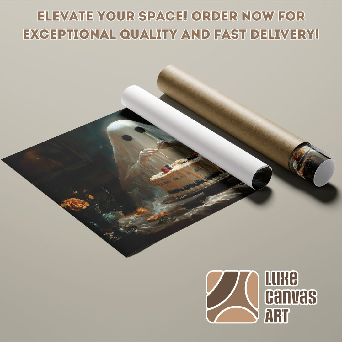 Poster Roll featuring a ghost with a cake, in a dark, painterly style with warm tones. Order now!