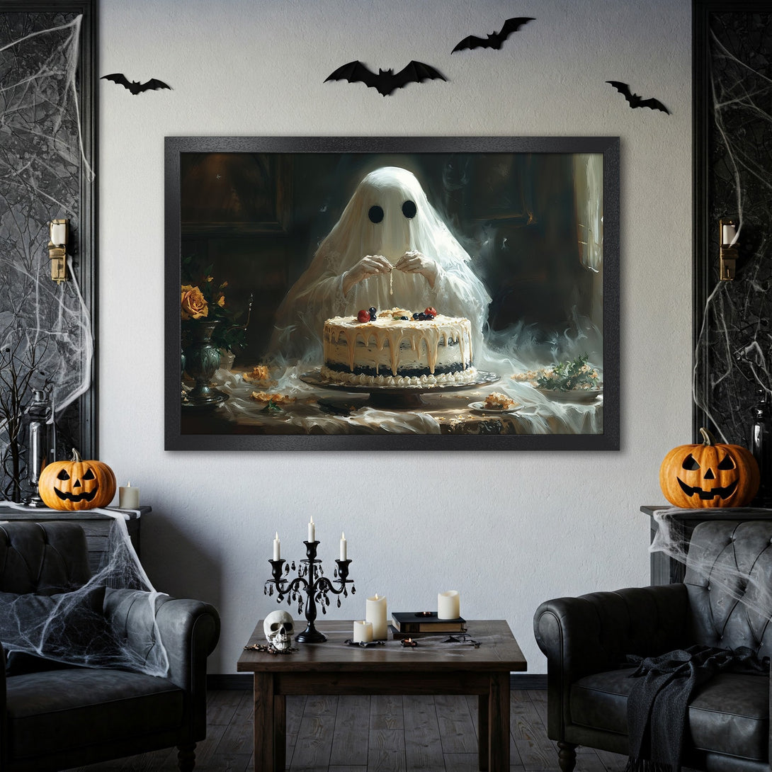 Framed Poster featuring a ghostly figure with a cake, in a vintage style. Dark, moody color palette perfect for Halloween decor.