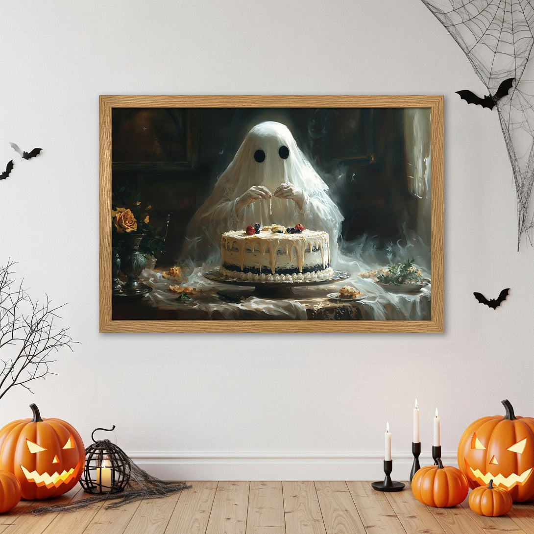 Framed Poster of a ghost decorating a cake, vintage style, with a muted color palette. Perfect Halloween decor!