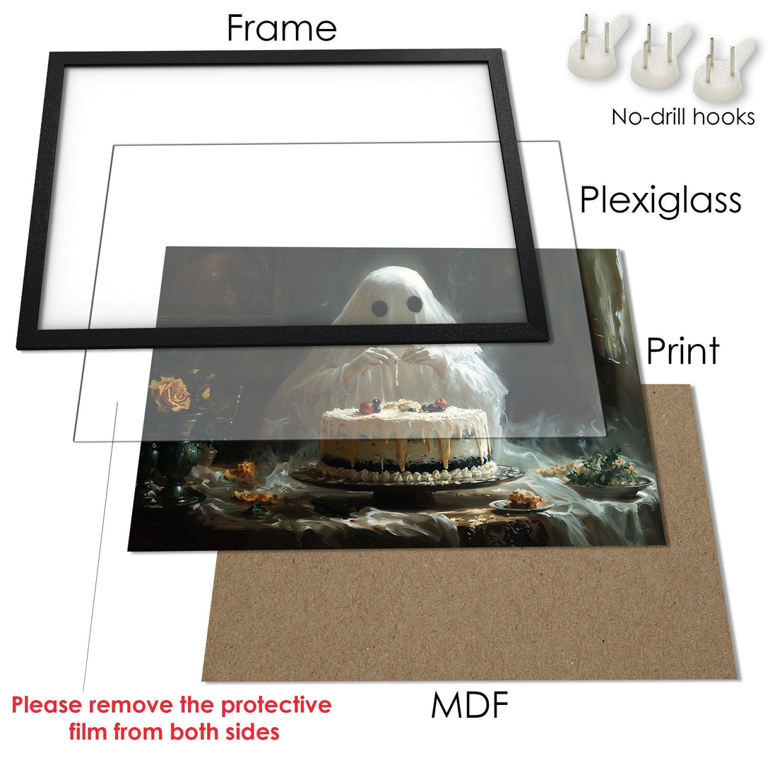 Framed Poster featuring a ghostly figure and cake. Dark, moody art style with a muted, earthy color palette. Perfect for Halloween decor!
