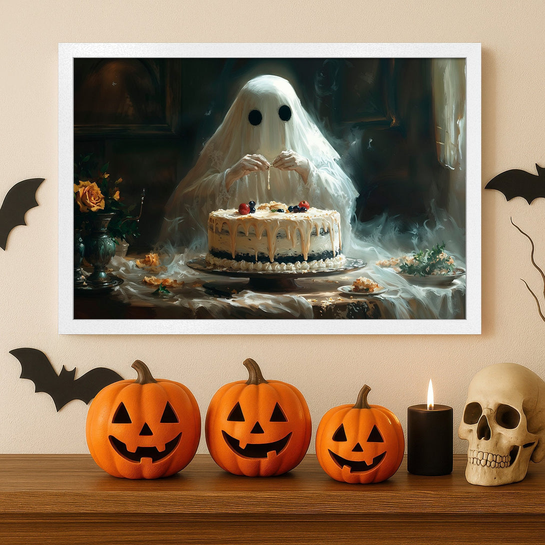 Framed Poster featuring a ghostly figure with a cake, in a vintage style, with a warm, neutral color palette. Perfect Halloween decor!