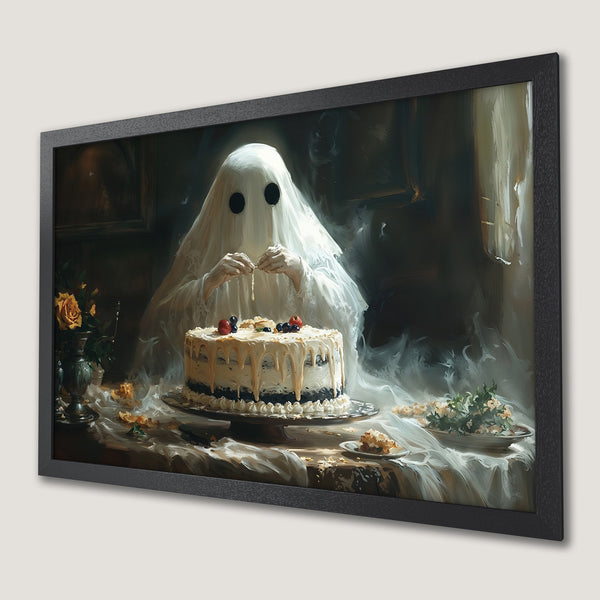 Framed Poster featuring a ghost decorating a cake, painted in a vintage style with a moody, warm color palette. Perfect Halloween decor!