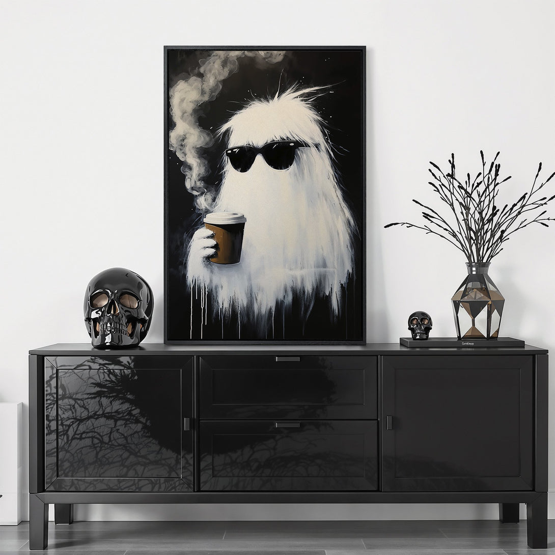 Framed Wall Art featuring a cool ghost with sunglasses, coffee, and a black & white palette. Modern art for your home decor.