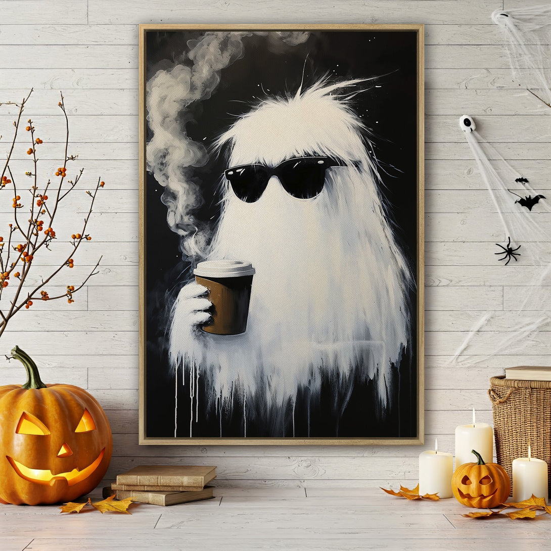 Framed Wall Art: Cool ghost with sunglasses enjoying coffee. Black, white, and brown abstract art perfect for Halloween decor. Add some spooky style!