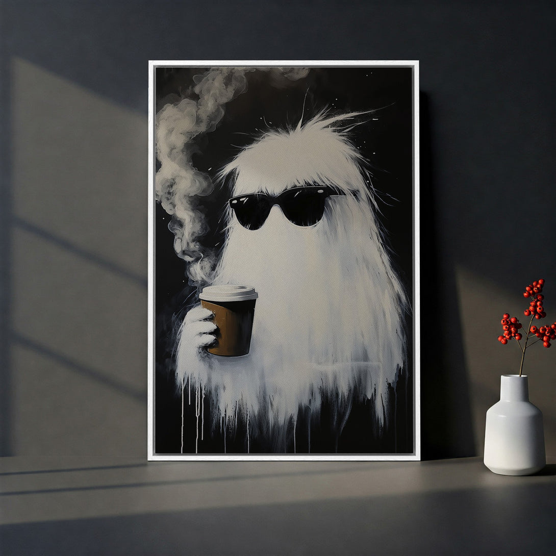 Framed Wall Art: Cool ghost enjoying coffee. Modern black & white art print with a touch of humor. Perfect for adding personality to your space.