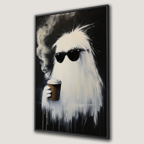 Framed Wall Art of a cool ghost with sunglasses, holding coffee. Modern, abstract style in black, white, and brown. Perfect for a stylish home.