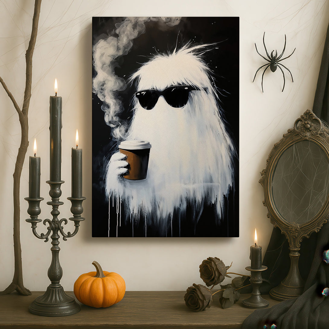 Framed Wall Art: Cool yeti with coffee in sunglasses, modern art in black, white, and brown tones. Perfect for adding a unique touch to your home!