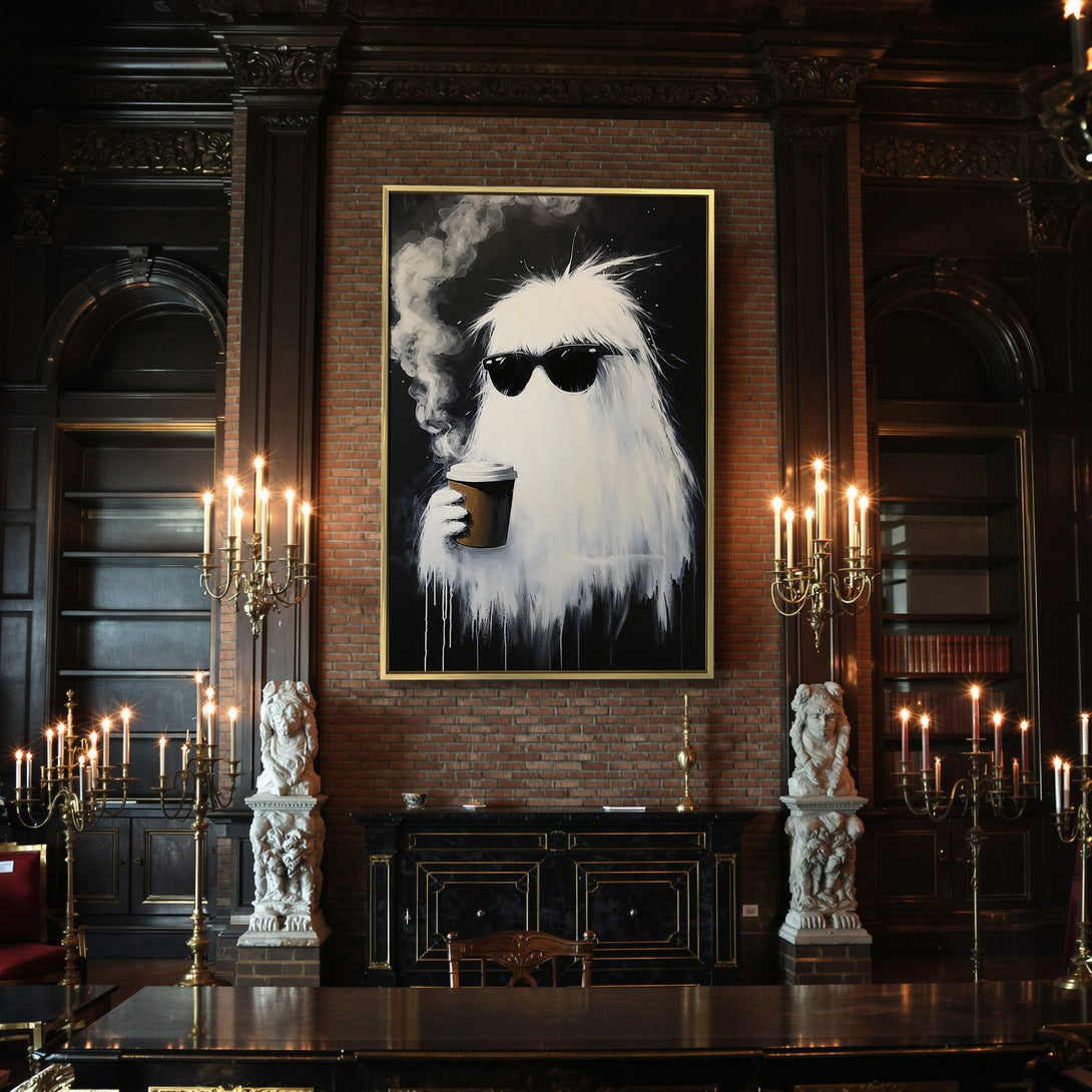Canvas print of a cool ghost with coffee, black and white art, perfect for Halloween decor.