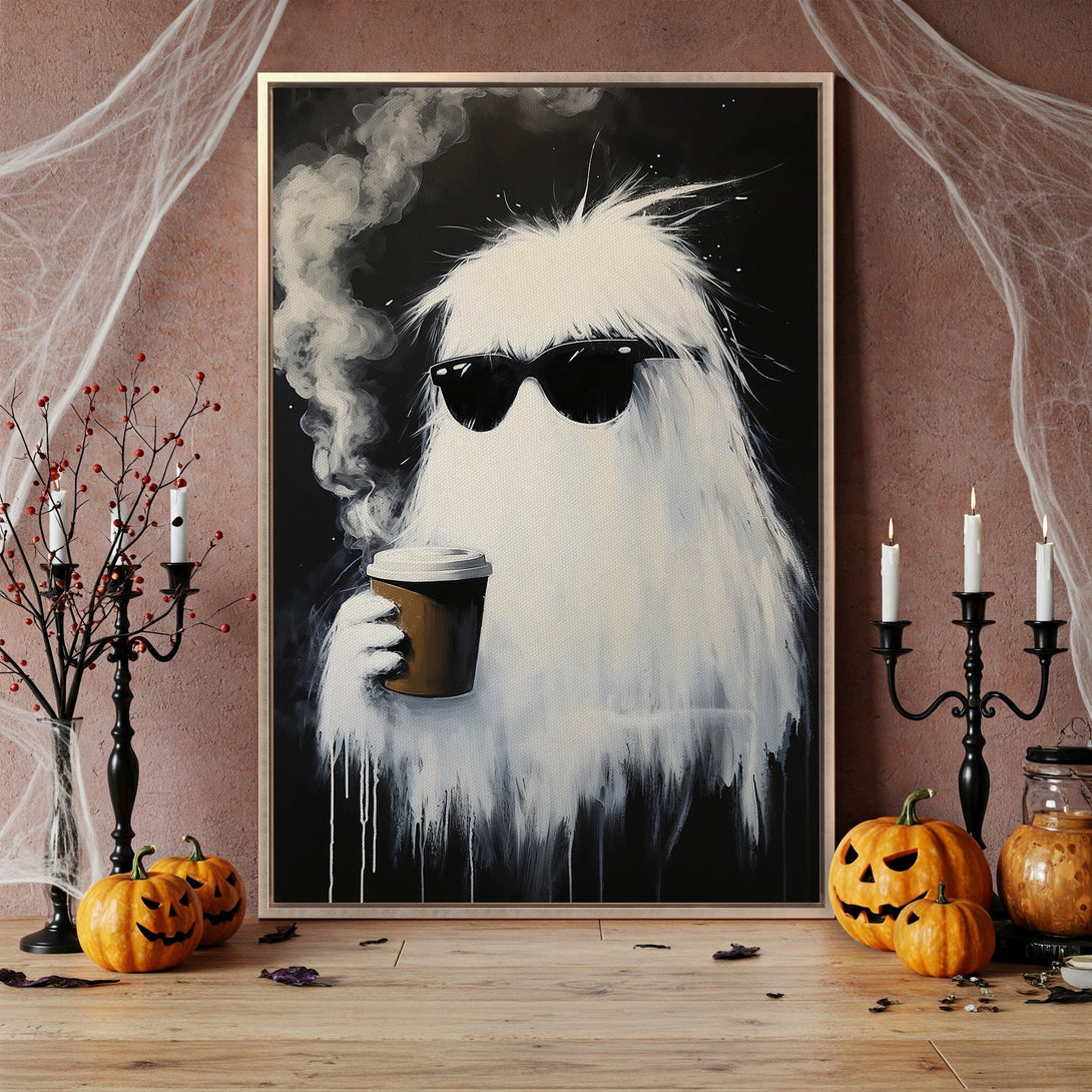 Framed Wall Art: Cool ghost with sunglasses enjoying coffee. Modern black and white art with a touch of Halloween. Perfect for spooky decor!