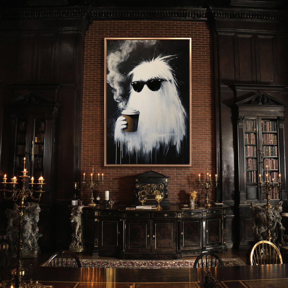 Framed Wall Art: Cool ghost art print in black, white, and brown tones. Modern art for home decor, perfect for a stylish living room or office.