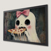 Whimsical Ghost with Pink Bow Eating Pizza Art Poster for Halloween