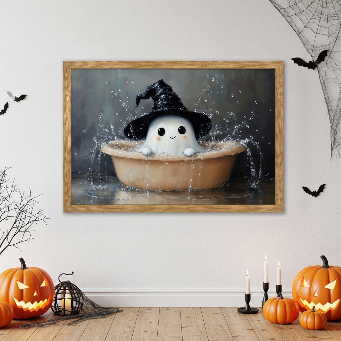 Framed Poster of a cute ghost in a witch hat, Halloween decor. Soft, pastel colors. Perfect for spooky season!
