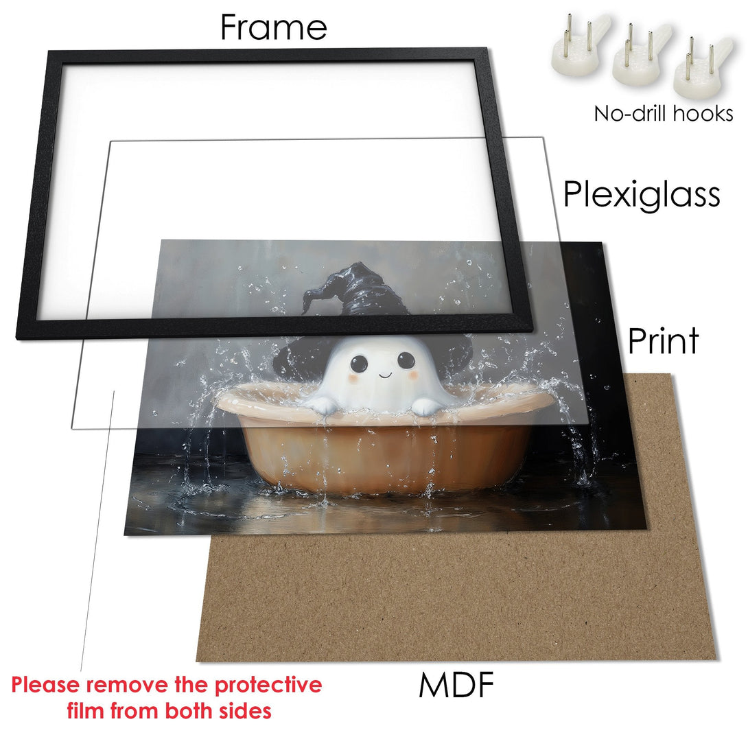 Framed Poster featuring a cute ghost in a tub, whimsical style, with a neutral and warm color palette.