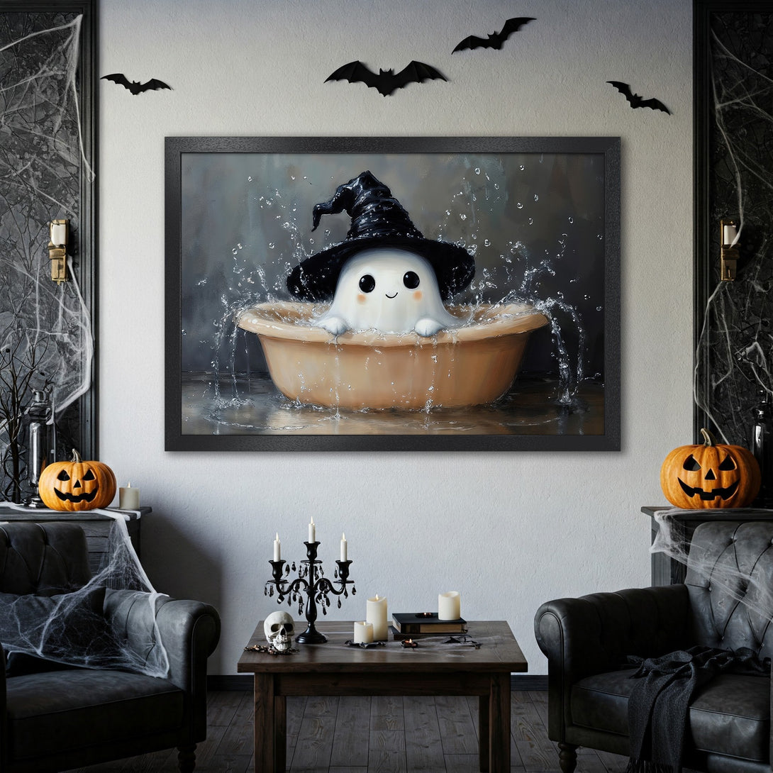 Framed Poster of a cute ghost in a witch hat, whimsical art style, with a muted, Halloween-themed color palette. Perfect spooky decor!