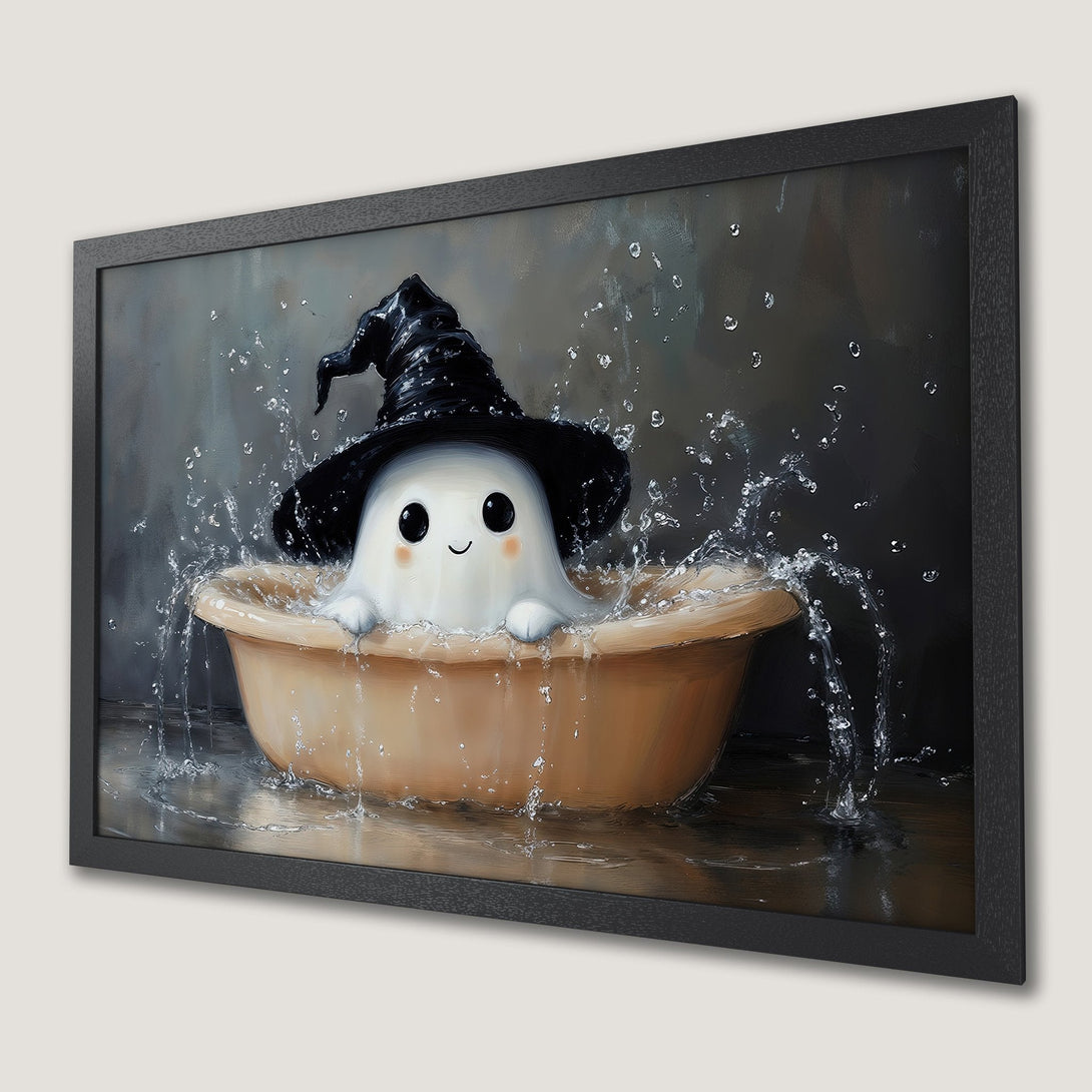 Framed Poster: Cute ghost in witch hat, splashing in bath, whimsical art, neutral color palette. Perfect Halloween decor!