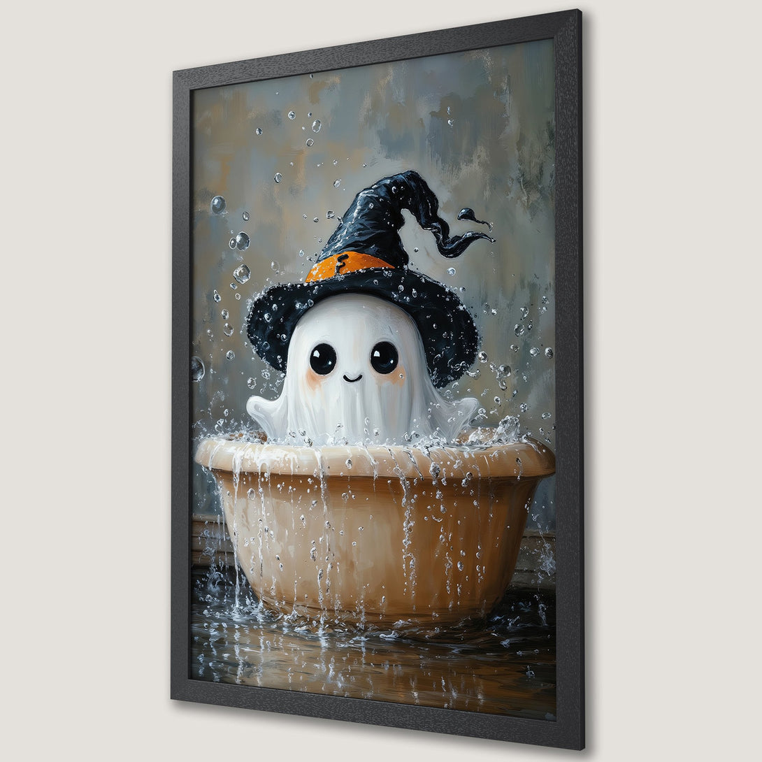Framed Poster featuring a cute ghost in a witch hat, whimsical style, with a warm, neutral color palette. Perfect Halloween decor!