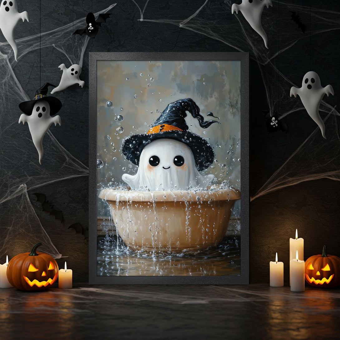 Framed Poster featuring a cute ghost in a witch hat, whimsical style, with a Halloween color palette. Perfect spooky decor!