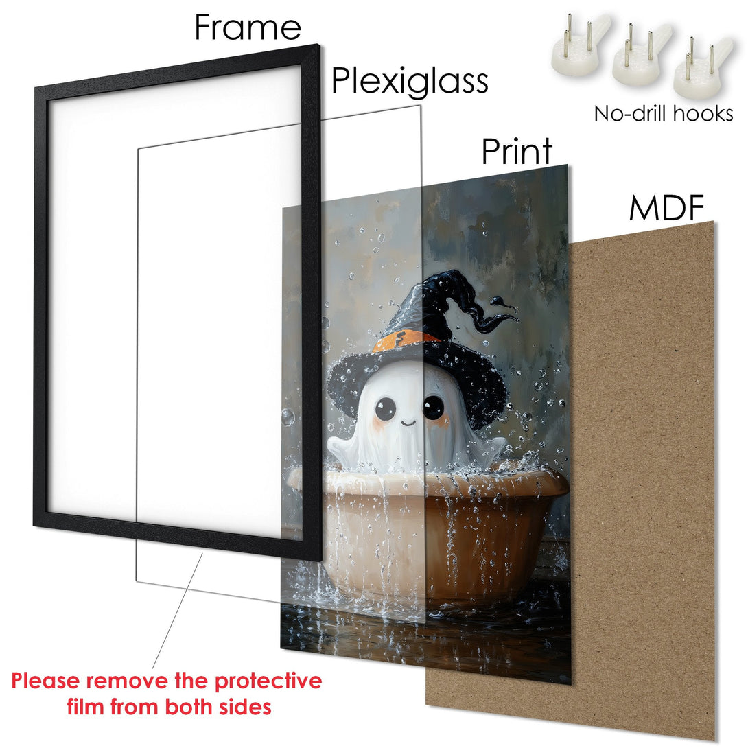Framed Poster featuring a cute ghost in a witch hat, painted in a whimsical style with a muted, cool color palette. Perfect Halloween decor!