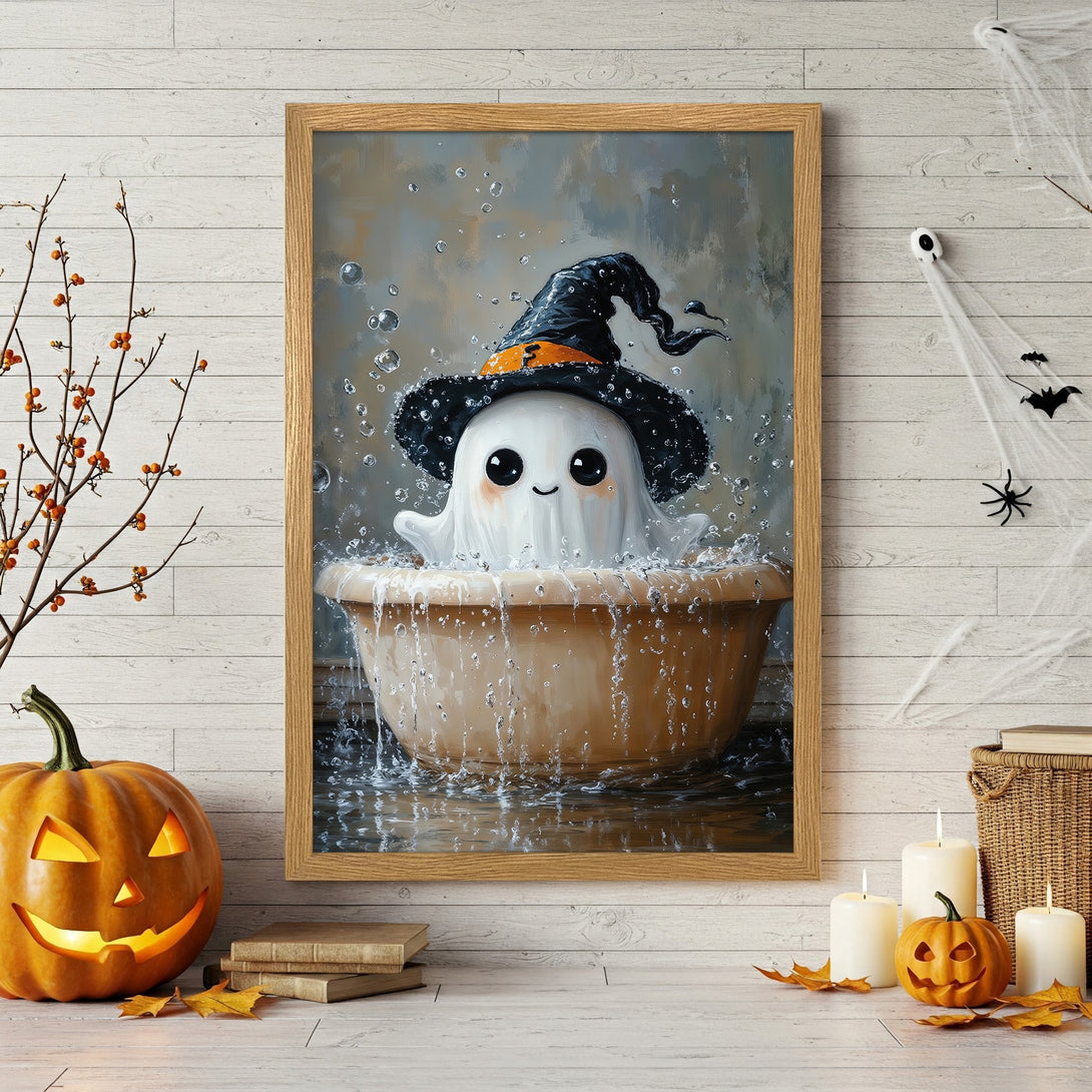 Framed Poster featuring a cute ghost in a witch hat, whimsical style, warm neutral & gray tones. Perfect Halloween decor!