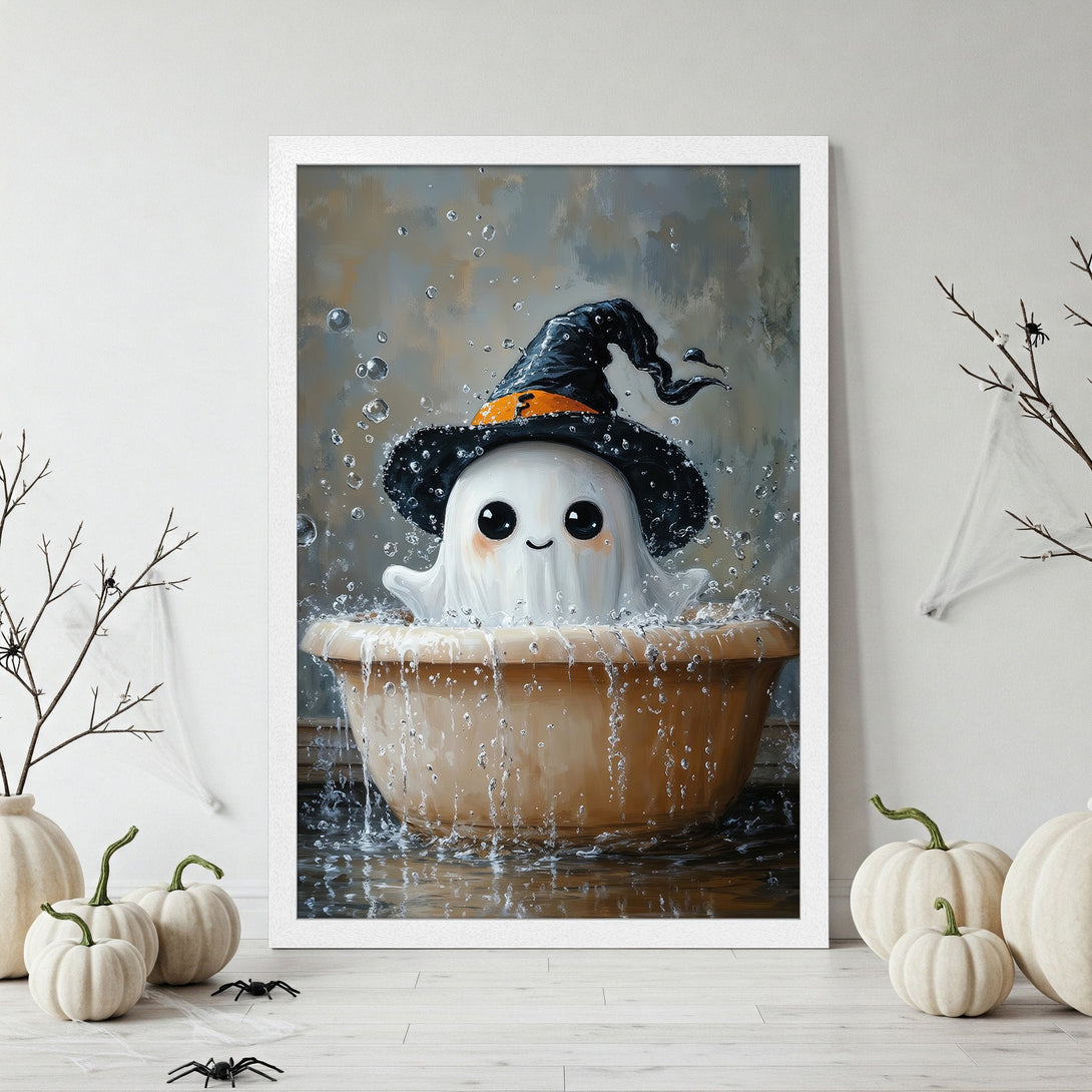 Framed Poster featuring a cute ghost in a witch hat, whimsical style, with a neutral color palette perfect for Halloween decor.