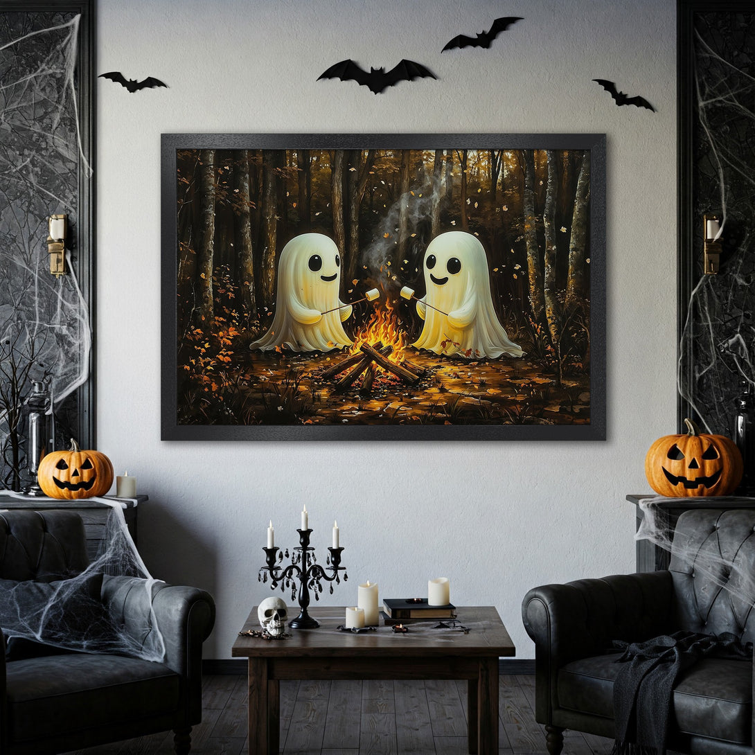 Framed Poster featuring cute ghosts roasting marshmallows by a campfire, in a whimsical style with warm autumn colors. Halloween decor.