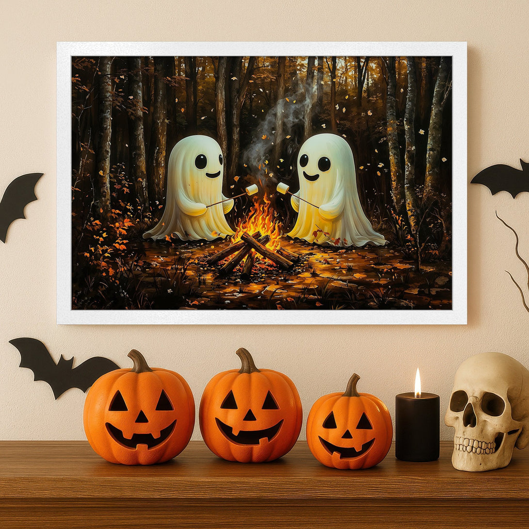 Framed Poster featuring cute ghosts roasting marshmallows in a forest. Warm autumn color palette. Perfect Halloween decor!