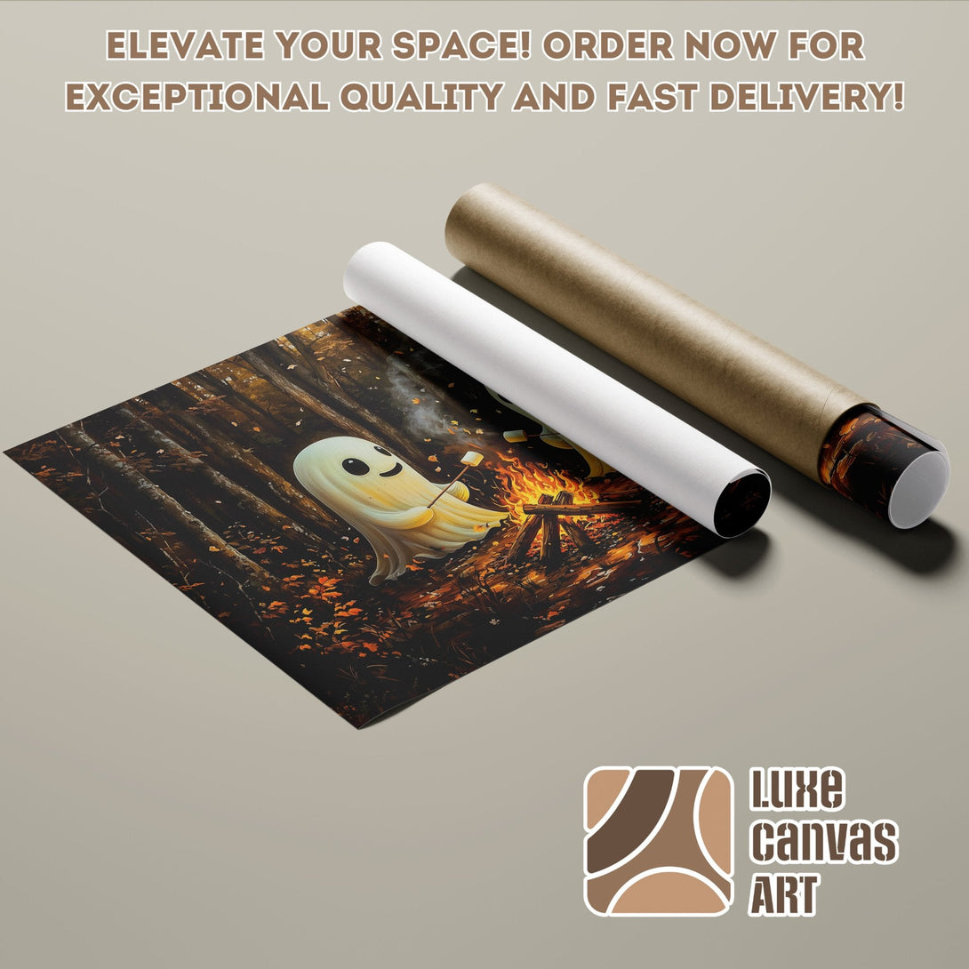 Whimsical ghost poster roll in warm autumn tones. Perfect wall art!