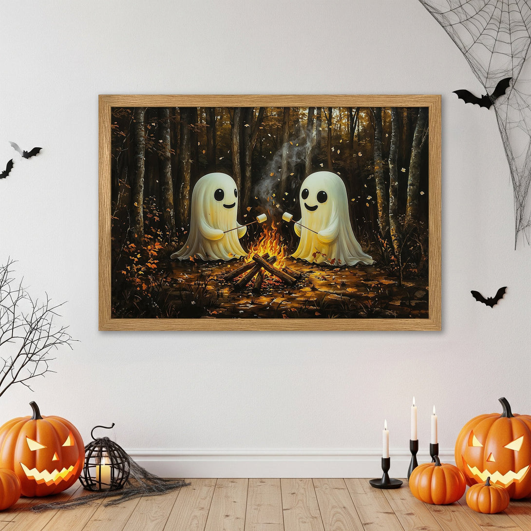 Framed Poster of cute ghosts roasting marshmallows in a forest, Halloween art, warm color palette.