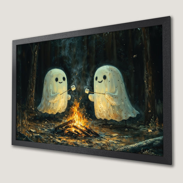 Framed Poster: Cute ghosts roasting marshmallows by a campfire in a dark forest. Whimsical art with warm and cool tones.