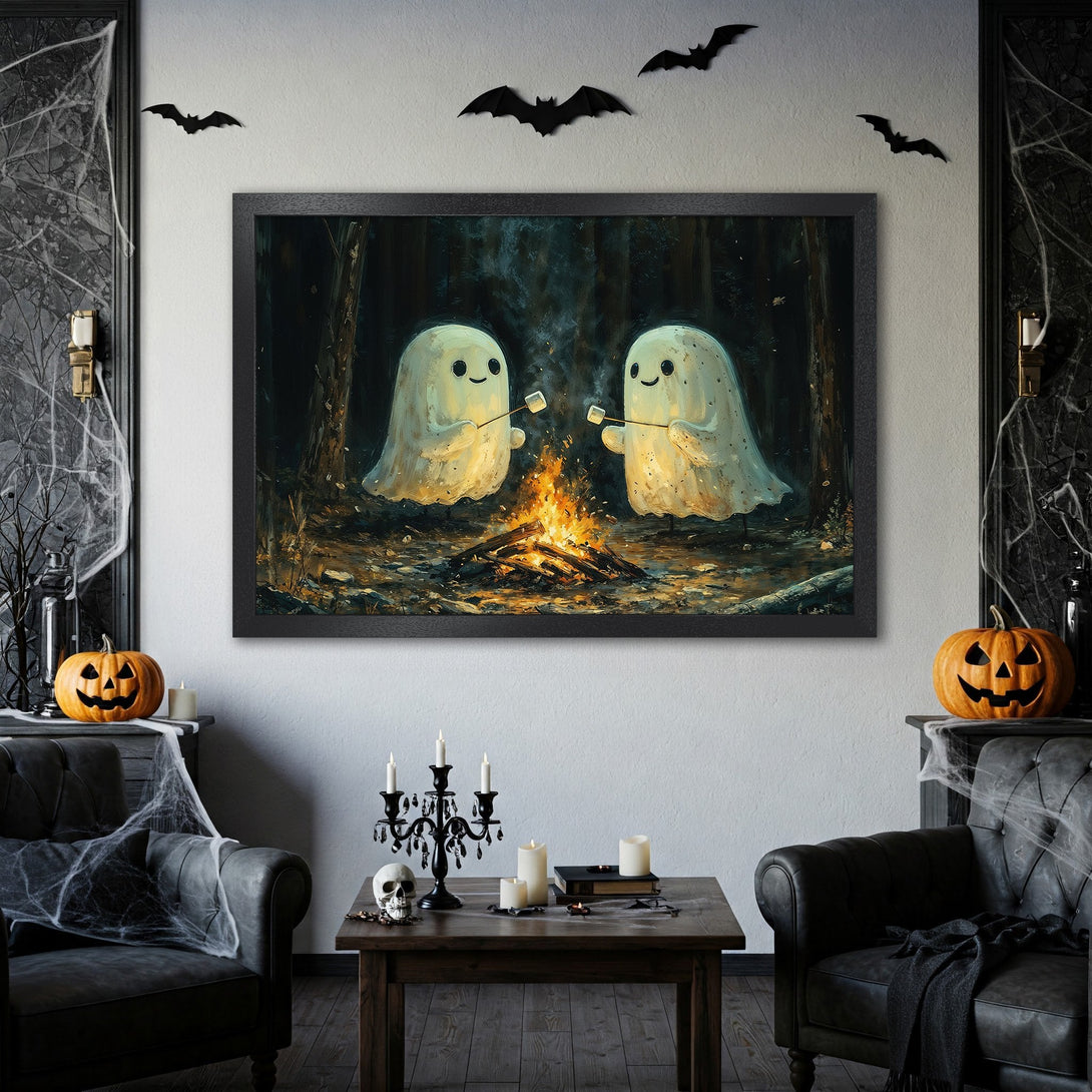 Framed Poster featuring cute ghosts roasting marshmallows by a campfire, in a dark, whimsical style with a warm, autumnal color palette. Halloween decor.