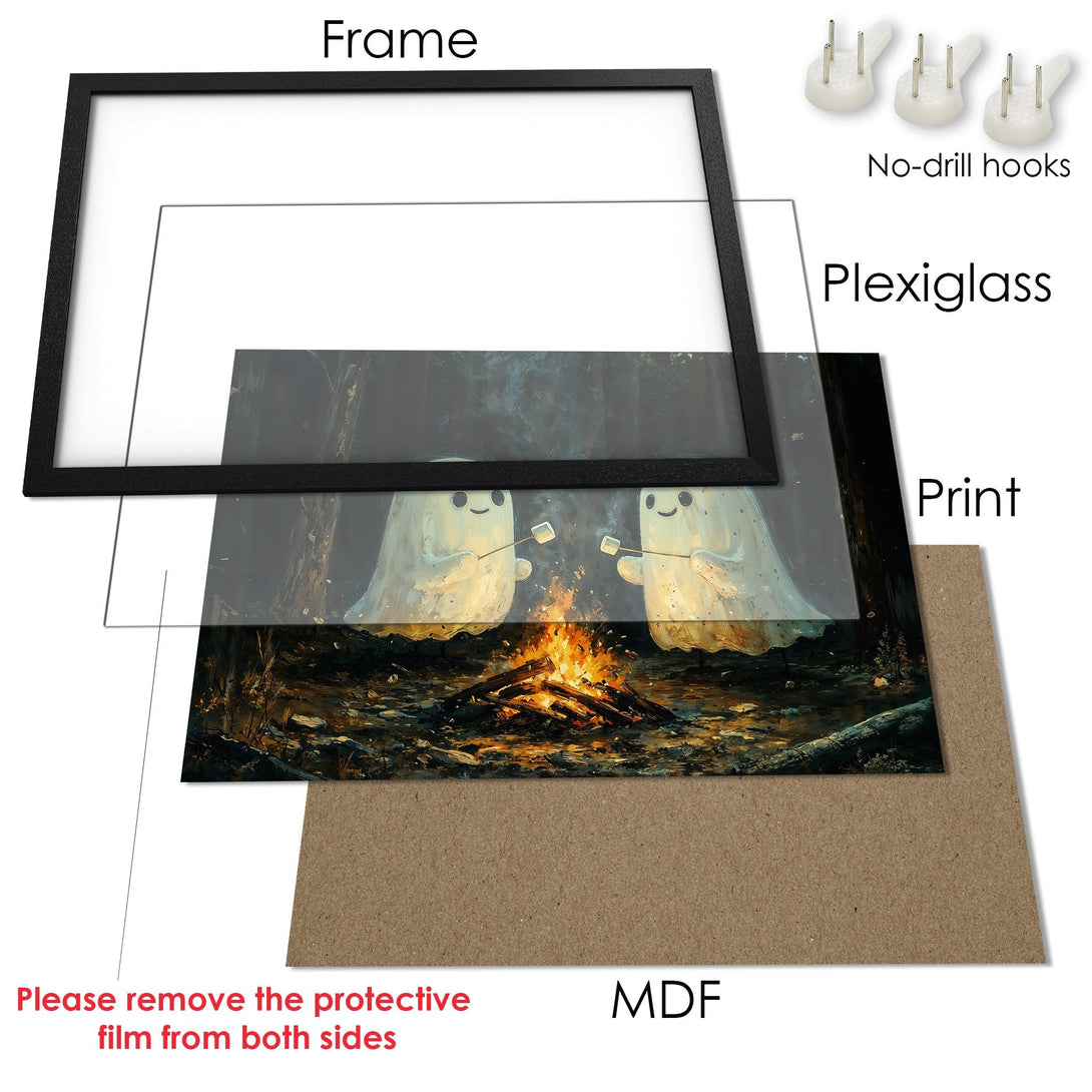 Framed Poster featuring cute ghost art around a campfire. Dark, whimsical style with warm orange and cool blue tones. Perfect wall decor!
