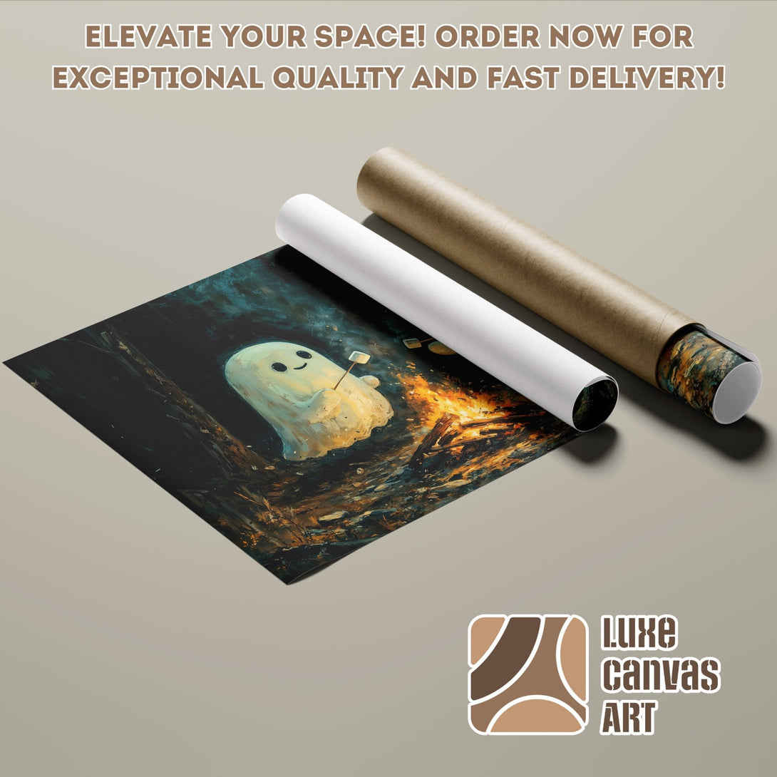 Poster Roll featuring a whimsical ghost art print, dark blues, and warm orange palette. Order now!