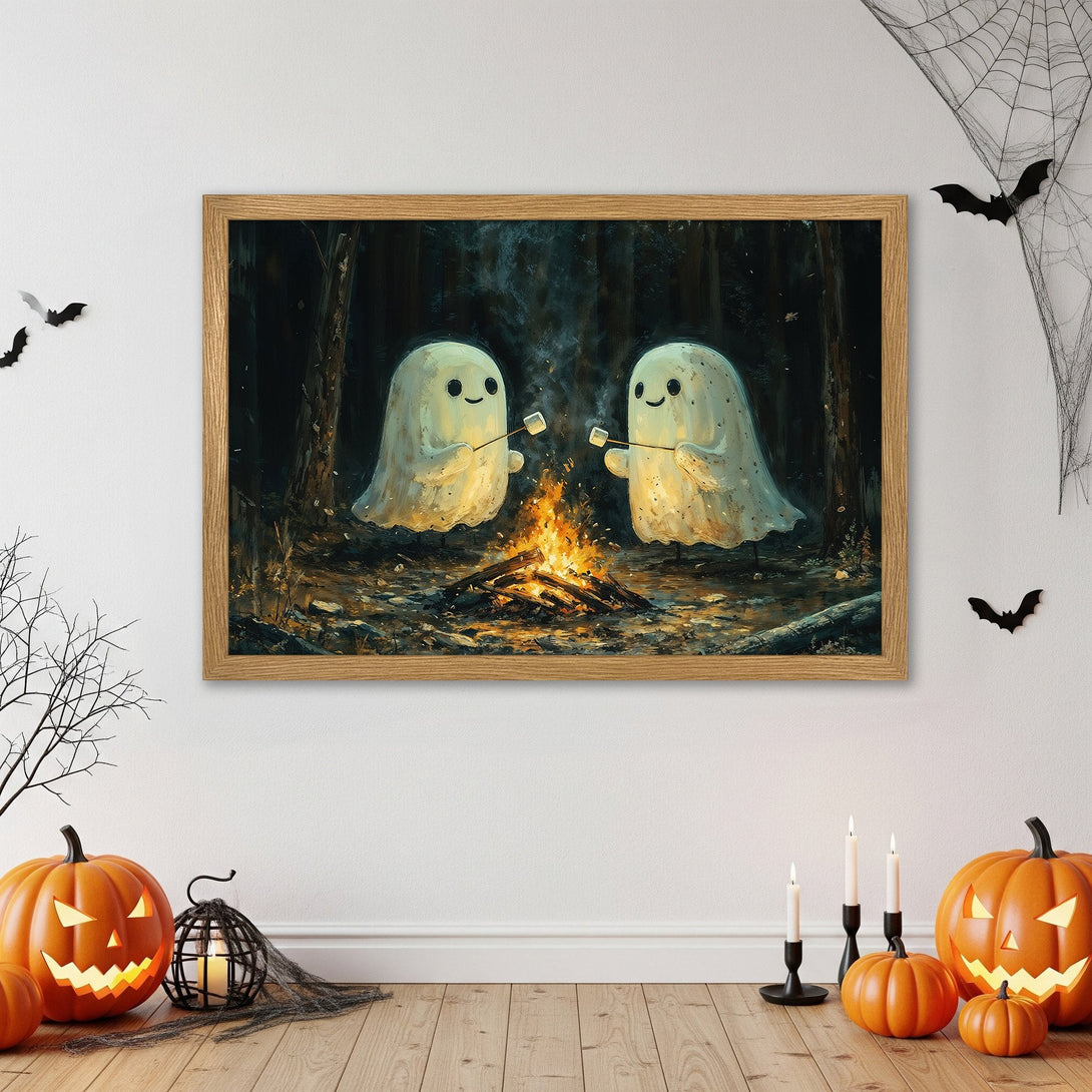 Framed Poster featuring cute ghosts roasting marshmallows by a campfire. Whimsical art with a dark, warm color palette. Perfect Halloween decor!