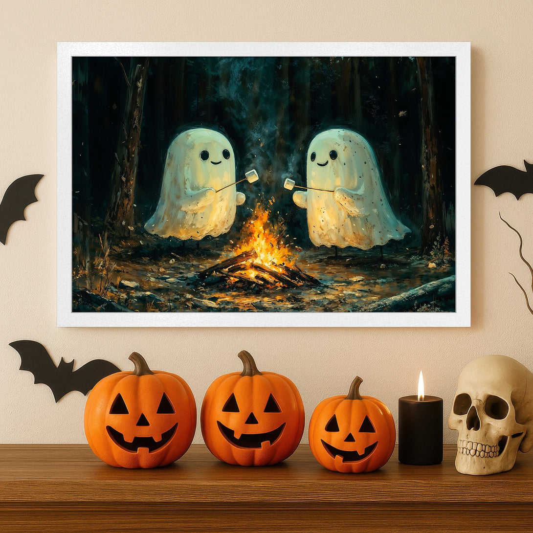 Framed Poster featuring cute ghosts roasting marshmallows, dark forest, warm color palette. Halloween decor.