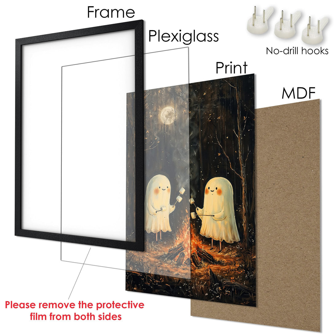 Framed Poster featuring cute ghost characters roasting marshmallows by a campfire, warm color palette. Perfect wall art!