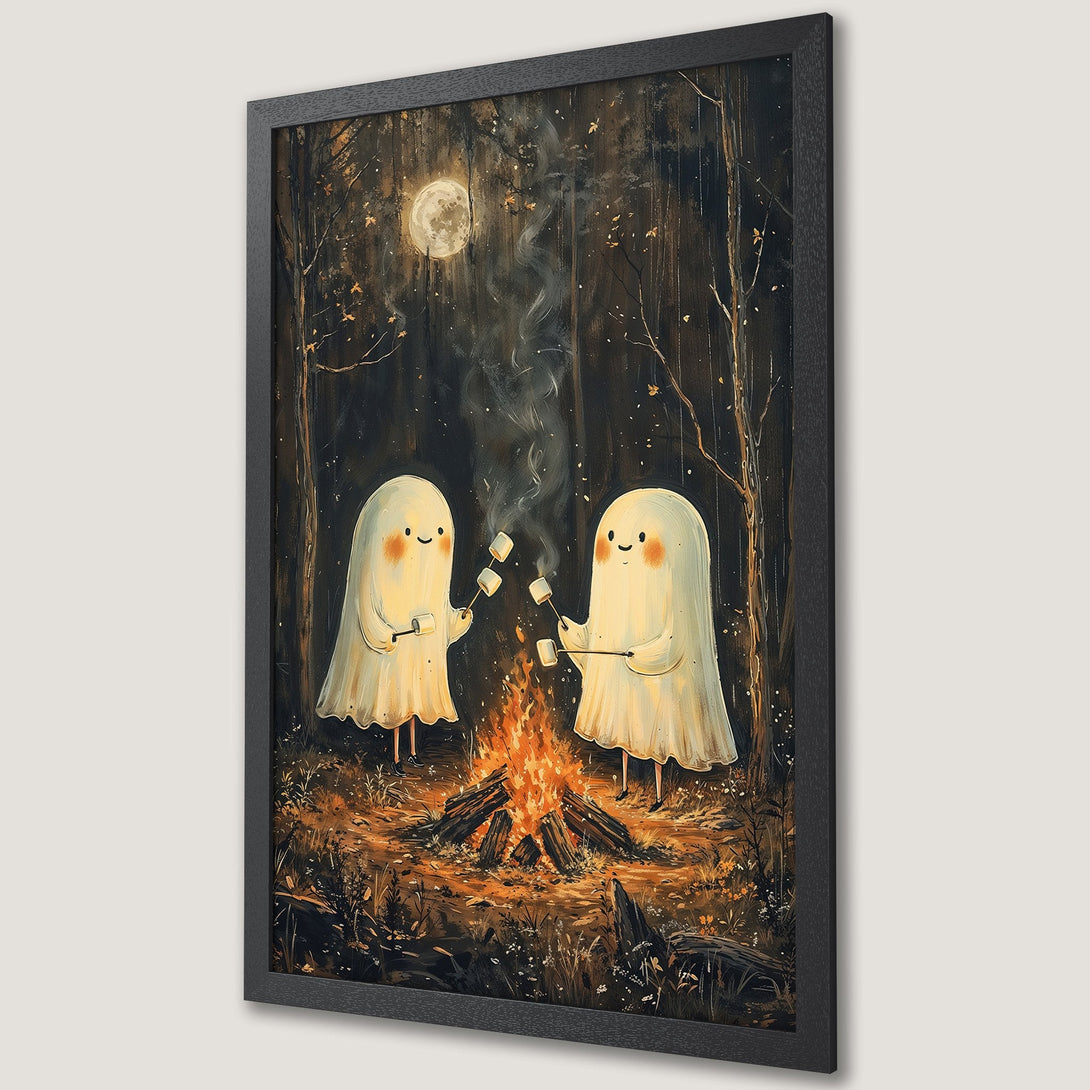 Framed Poster featuring cute ghosts roasting marshmallows by a campfire in a whimsical style with a warm, autumnal color palette. Perfect for Halloween!